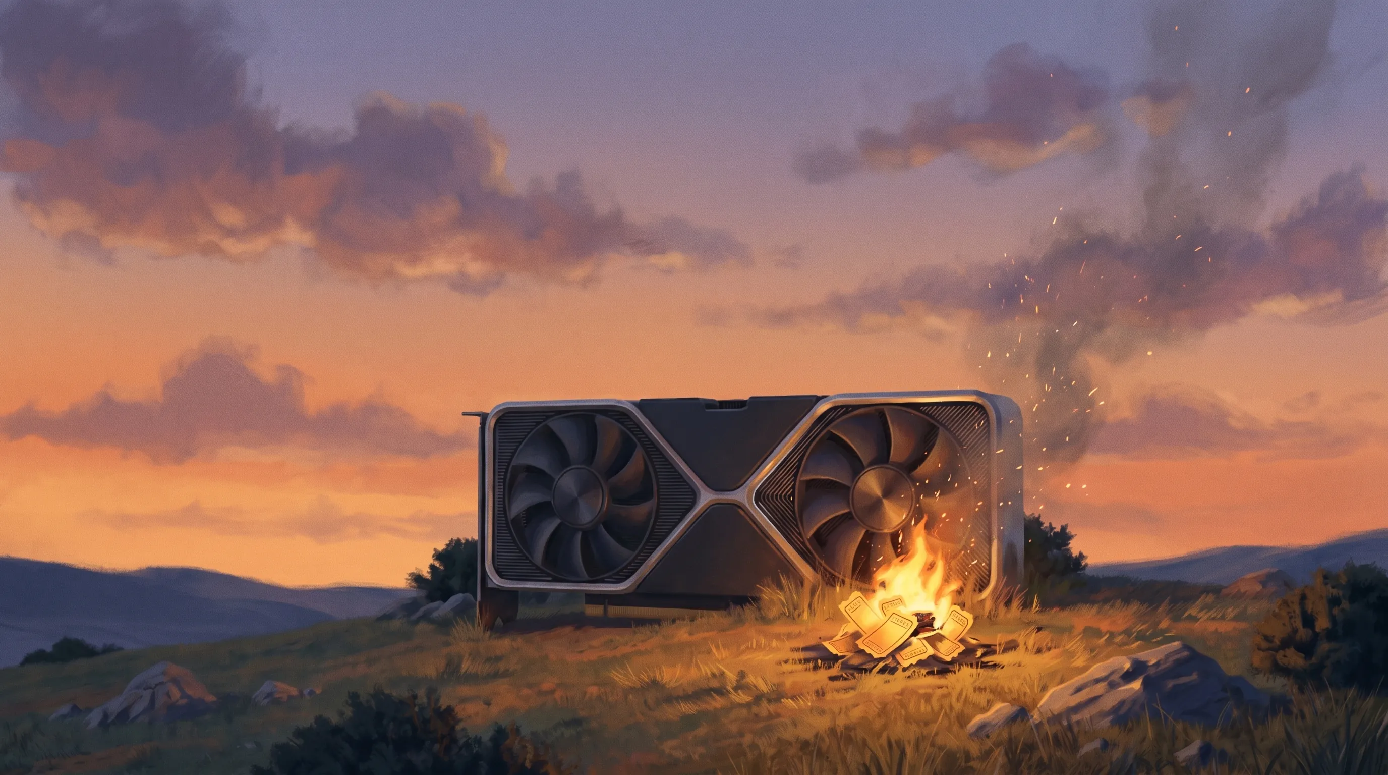 A bonfire of golden tickets at dusk beside a giant card.