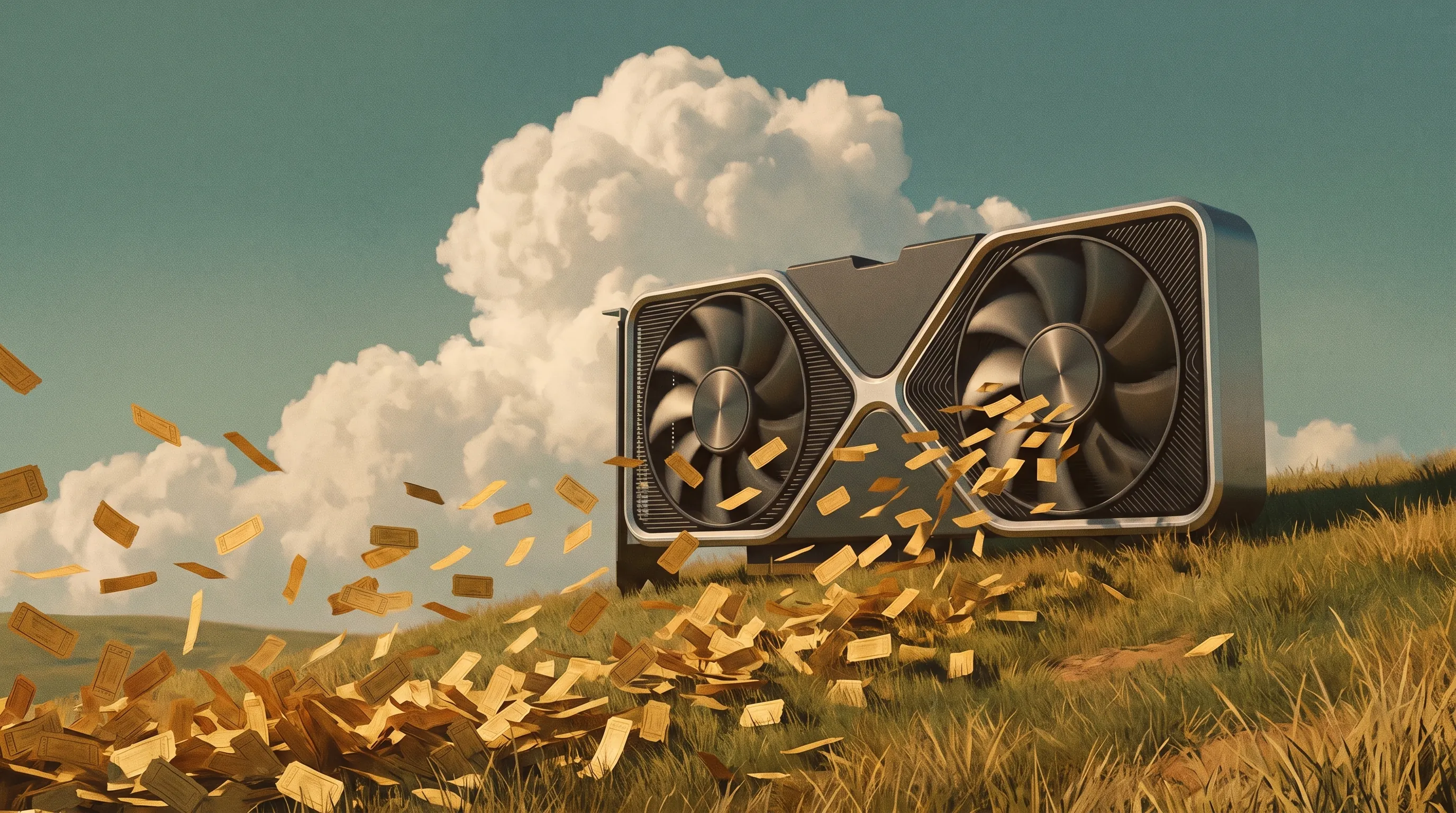 Golden tickets pouring out of the fans of a giant RTX card on a hill.