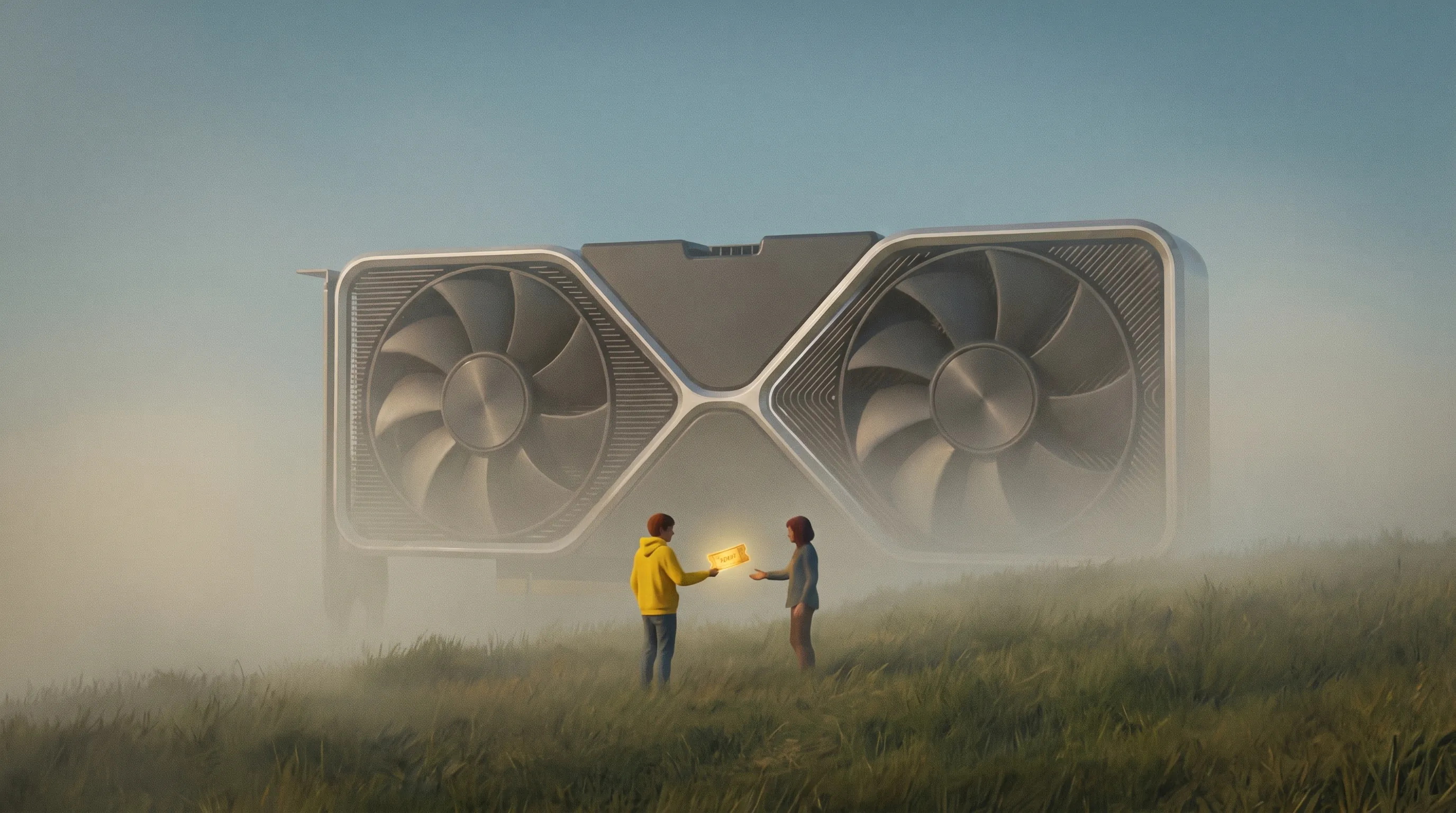 Two people handing a glowing ticket to each other in fog in front of a giant card.