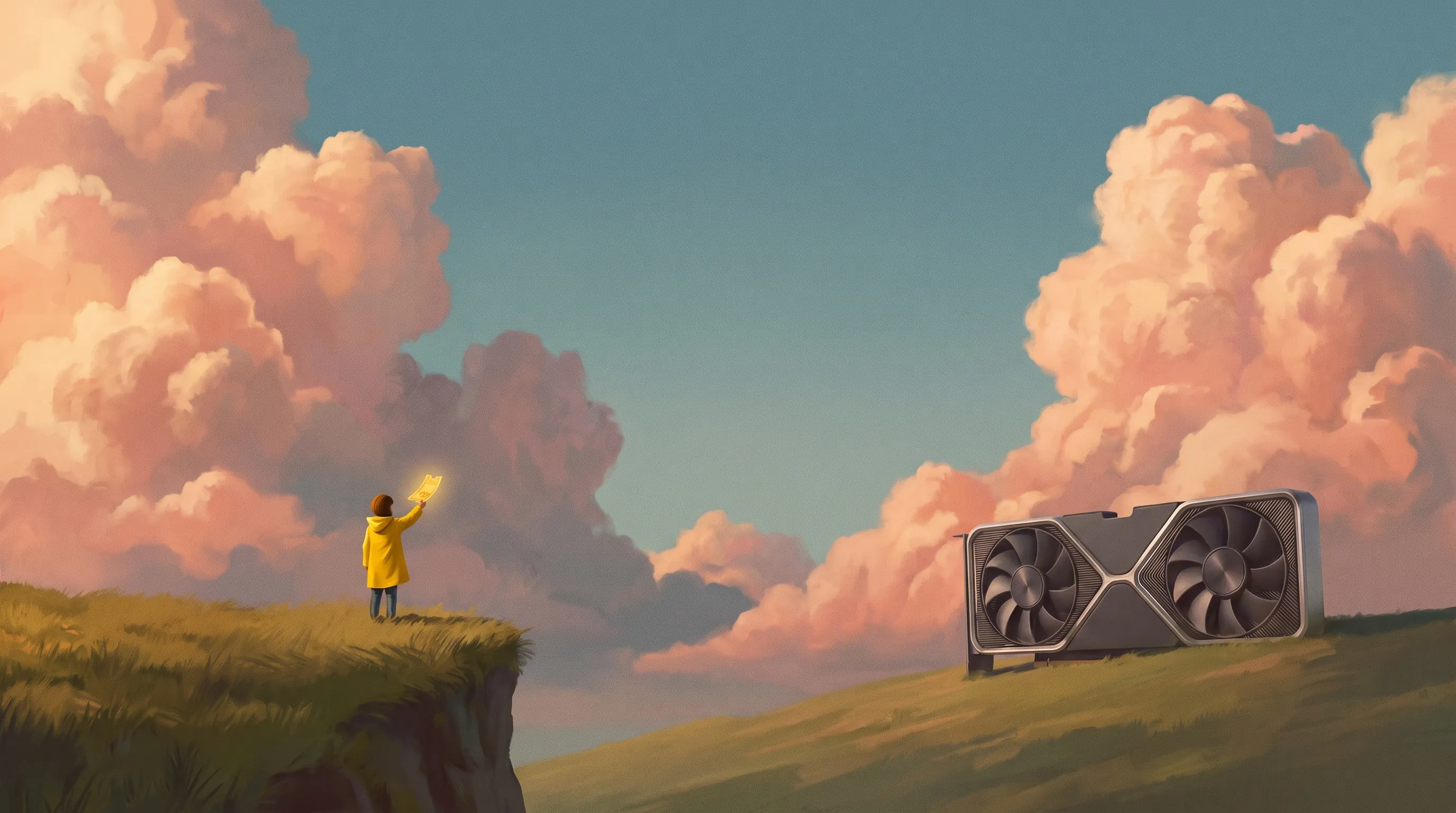 A person in a yellow raincoat on a ridge at golden hour holding up a glowing ticket, a giant RTX card on a distant hill.